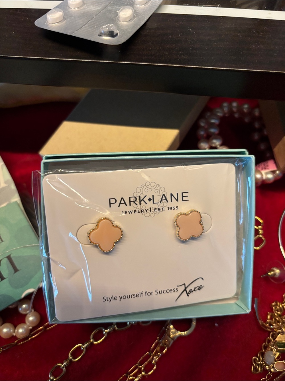 Park Lane Peach Pink Clover Stud Earrings with Gold Trim